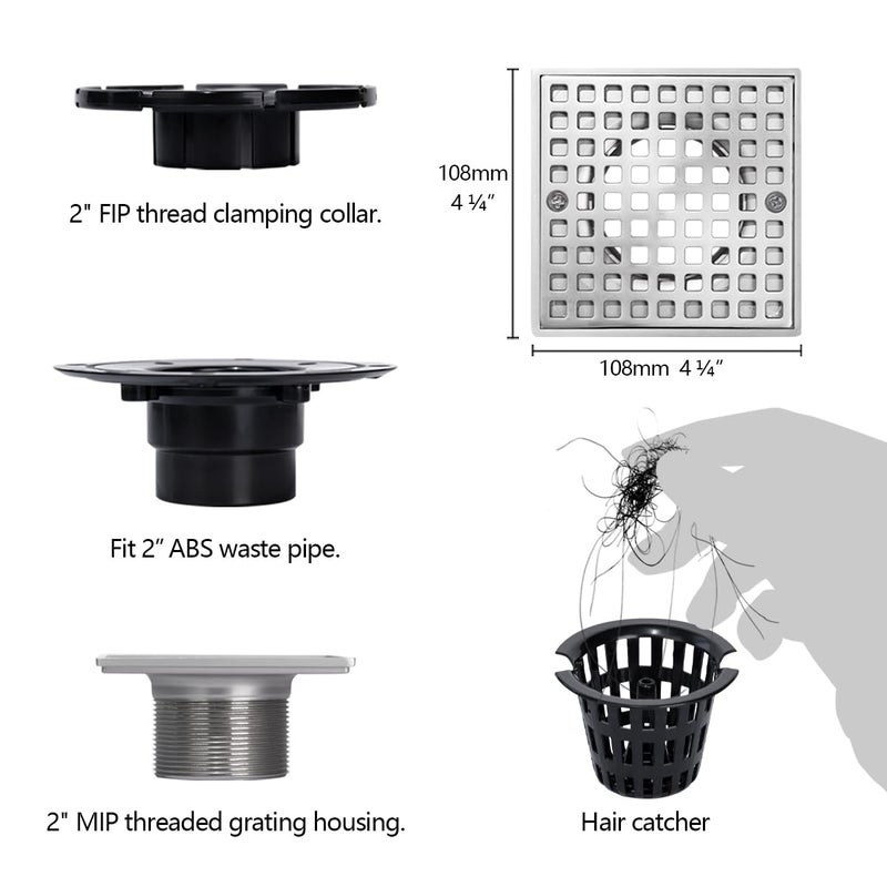 UNI-Drain 4-1/4 Square Floor Shower Drain with Flange, Shower Floor Drain Base Low Profile, Stainless Steel Shower Drain kit, Shower Drain kit Grid Nickel Brushed & CUPC Certified - Image 4